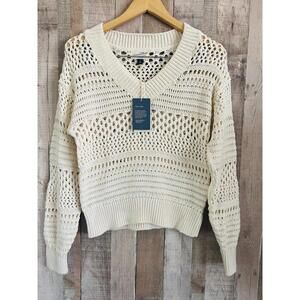 garment: Openwork knit sweater with V-neck